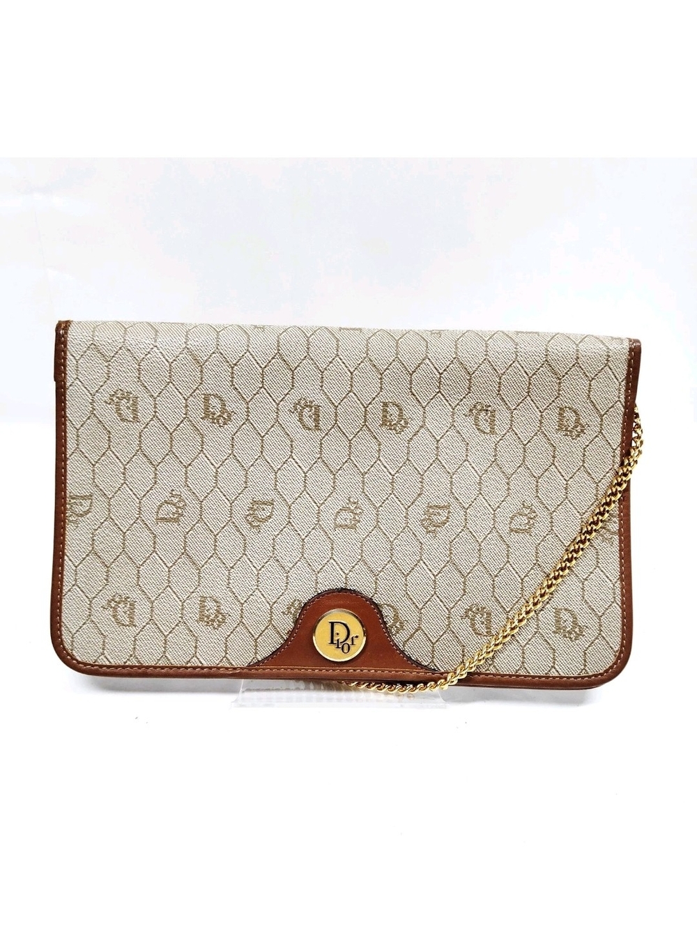 Dior Beige Monogram Canvas Chain Shoulder Clutch